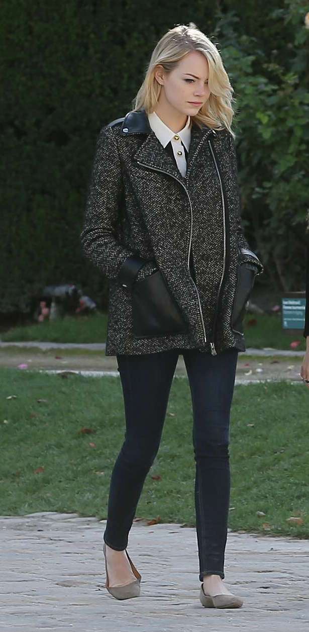 Emma Stone wears Maje's Ribiera coat in Paris
